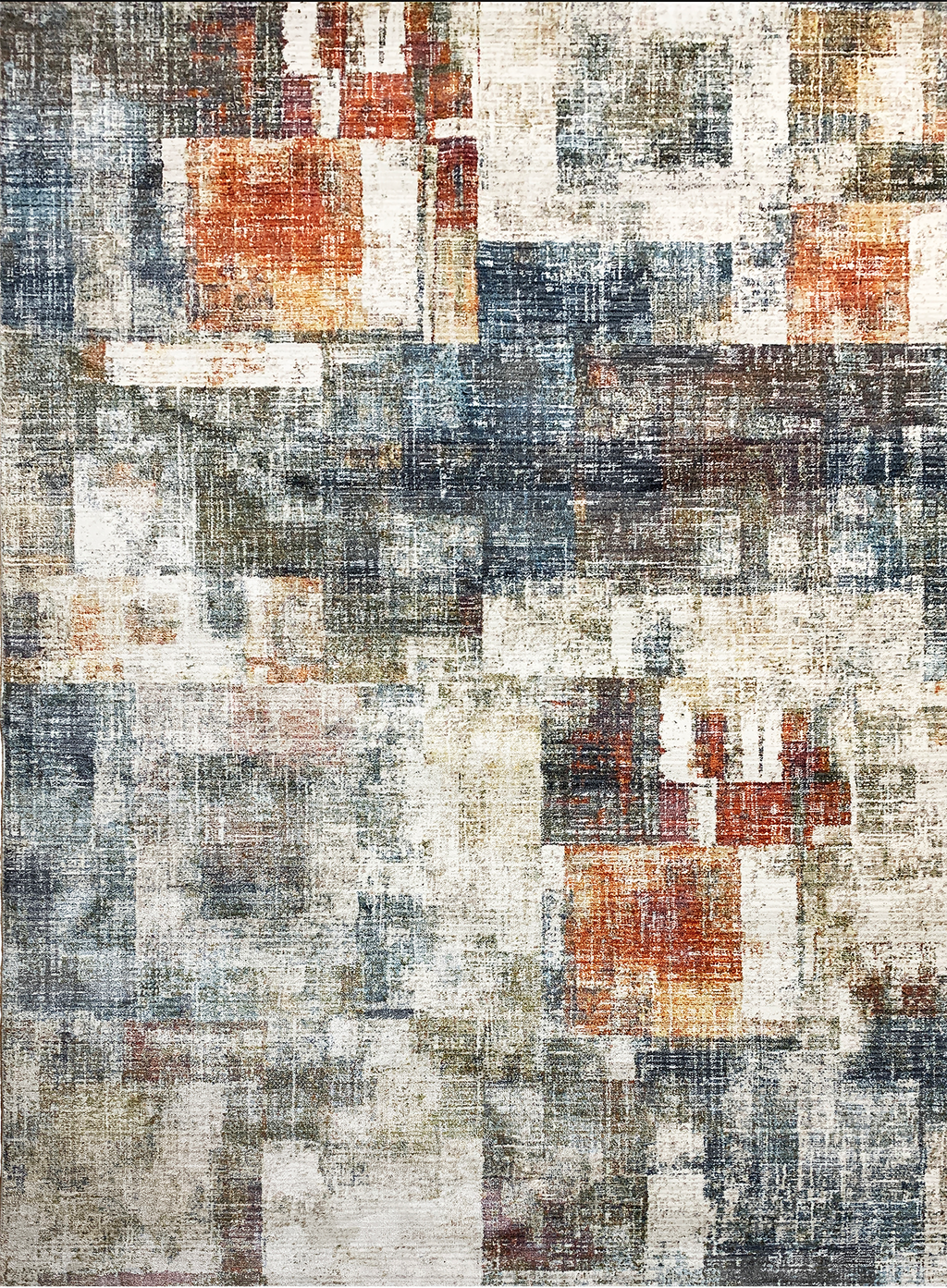 Area rug | Chennie Chic Abstract | 5x8 | By MotherRuggers.com | Machine Washable | Chenille Woven | Faded | Multi Block Design | Delicate Design | multicolor faded | Slight Brick | Slight Burnt Orange | Mainly cream | Pet Friendly | Kid Friendly | Machine Wash | Line Dry | Living Room | Kitchen | Bedroom | Moderate Traffic | With High Traffic mat recommended | Three-year warranty with proper care | Shake or light Vacuum | Machine Wash as needed | Dry Flat or Line Dry | Dries fast