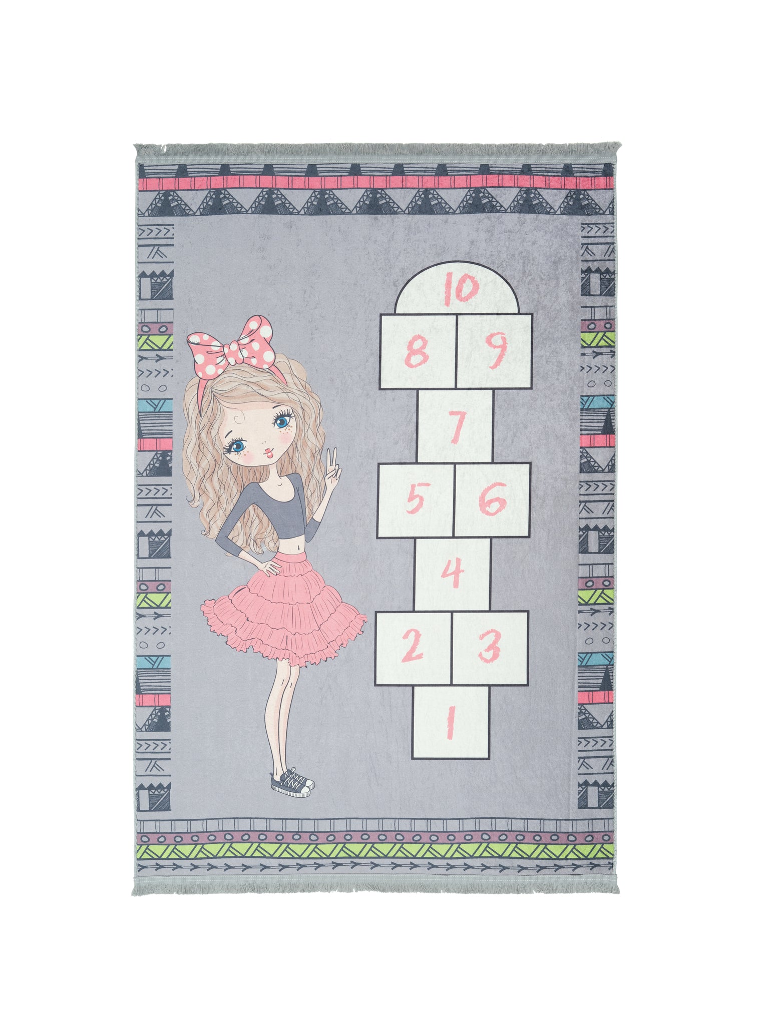 Rugaroos Hoppy Scotch Kid's Machine Washable Play Rug | White Hopscotch board with Pink numbers with cartoon girl and fun boarder | 4x6 | Mother Ruggers | Washable Rugs | Kid's Rugs | Eco Friendly Rug| Pet Friendly | Kid Friendly | Machine Wash | Line Dry | Bedroom | High-Traffic | Two-year warranty with proper care | Shake or light Vacuum | Machine Wash as needed | Dry Flat or Line Dry | Dries fast | Hand Drawn - Digitally Printed | Velvet | Easy- Clean