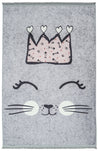 Rugaroos Cats Meow Kid's Machine Washable Play Rug | Happy Kitty with a Blush Crown on Light Gray | 4x6 | Mother Ruggers | Washable Rugs | Kid's Rugs | Eco Friendly Rug| Pet Friendly | Kid Friendly | Machine Wash | Line Dry | Bedroom | High-Traffic | Two-year warranty with proper care | Shake or light Vacuum | Machine Wash as needed | Dry Flat or Line Dry | Dries fast | Hand Drawn - Digitally Printed | Velvet | Easy- Clean